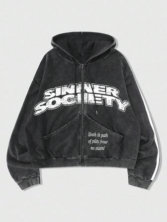 Street Life Men's Letter Graphic Zip Up Hooded Sweatshirt, Street Style American Design, Fall