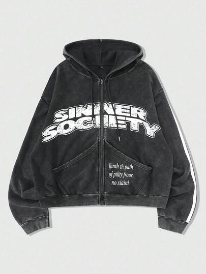 Street Life بلوزة رياضية مزودة بسحاب وقبعة مطبوع عليها رسومات حرفية، بتصميم أمريكي عصري، للموسم الخريفي