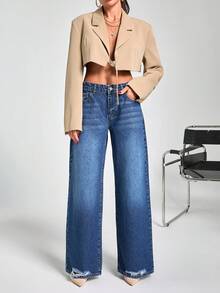 EURMUSE WOMEN LOOSE LOW WAIST WIDELEG DARK BLUE DENIM JEAN - Dark Wash - View 3