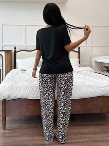 Bare Chapter Bộ đồ ngủ thường ngày họa tiết da báo trang trí nơ thời trang dành cho nữ - màu đen - Xem 2