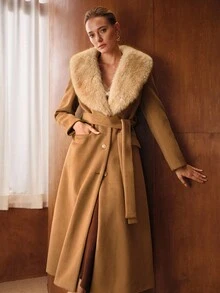 MOTF PREMIUM 对比色人造皮草纽扣大衣 - 棕色 - 查看 5