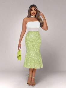 Elenzga Falda verde elegante de mujer con diseño de cola de sirena en jacquard y decoración con lentejuelas, para otoño - Verde - Ver 6