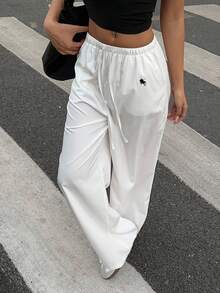 SHEIN EZwear Quần ống đứng dáng rộng thoải mái cho nữ in logo Ngựa Đen, phù hợp cho mùa xuân/thu, trang phục thể thao, phong cách đại học, cổ điển - Nhiều màu - Xem 3