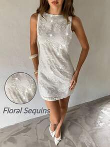 Aloruh Women's Sexy Backless Embroidered Chiffon Mini Dress, Sleeveless A-Line Bodycon Clubwear, Suitable For Spring/Summer Vacation - Beige - View 3