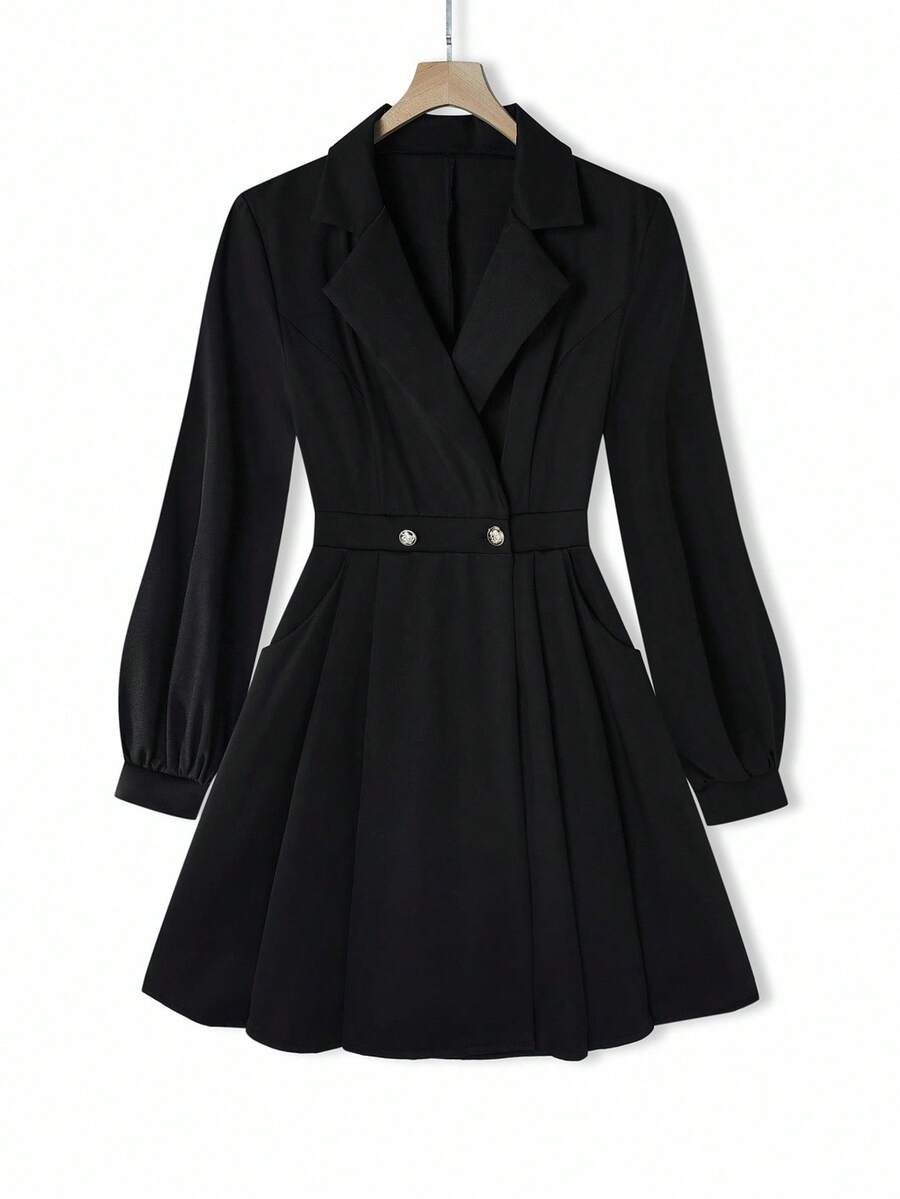 SHEIN Elenzya فستان أنيق للمكتب مع سترة ذات ياقة وأكمام طويلة وخصر مشدود للمرأة ذات الحجم الكبير باللون الأحادي - الأسود - مشاهدة 1