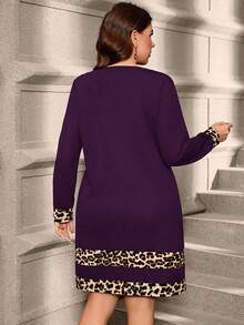 SHEIN Clasi Gaun Kasual Pendek Lengan Panjang Motif Leopard Ukuran Besar untuk Musim Gugur - Purple - View 2