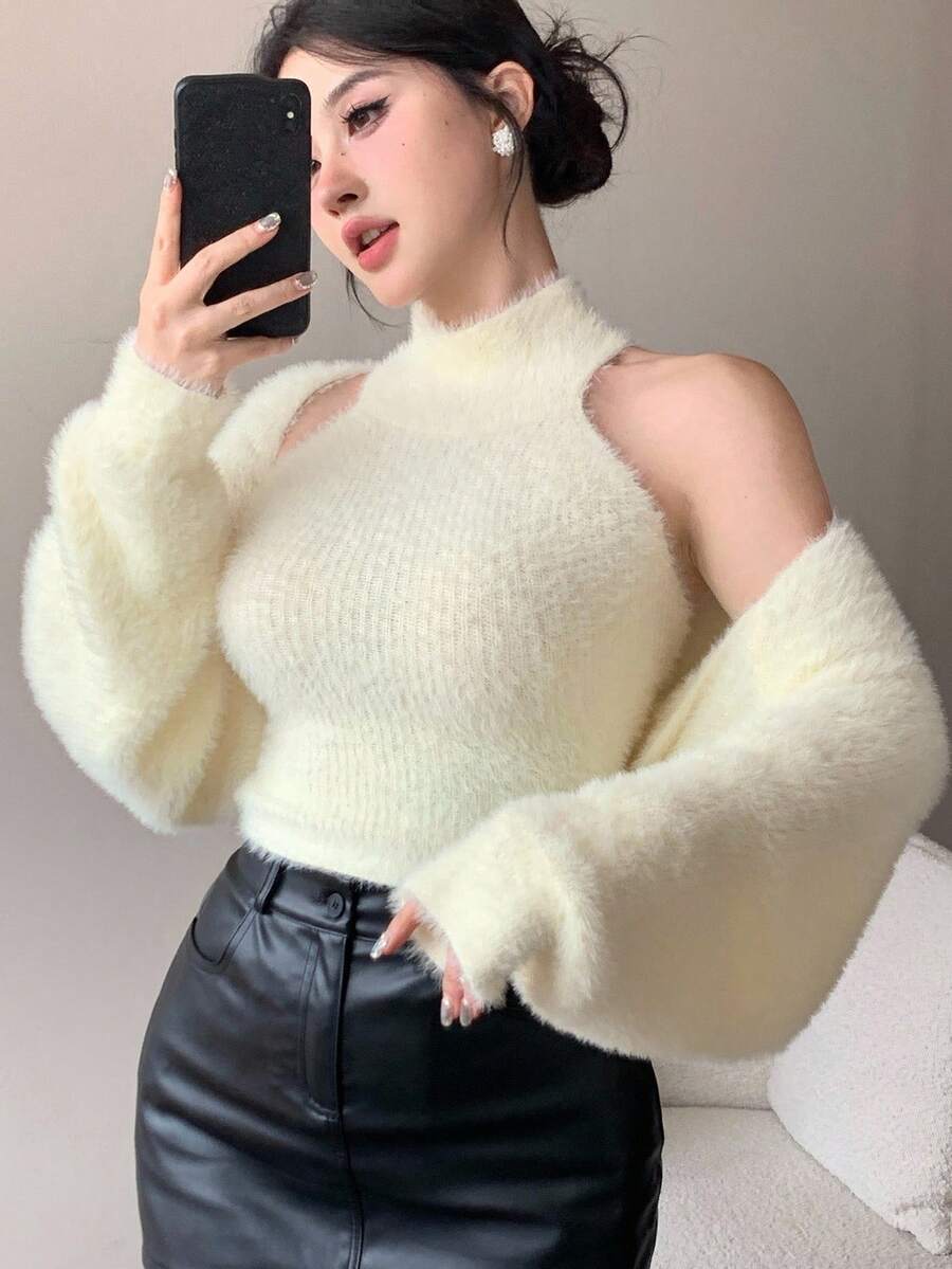 DAZY 2 件套女士毛绒高领吊带背心和开衫套装，性感修身秋冬 - 米色 - 查看 1