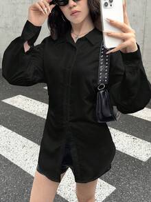SHEIN Elegante blusa con maniche lunghe e vita arricciata per ragazze adolescenti, abbigliamento casual da vacanza - nero - Visualizzare 5