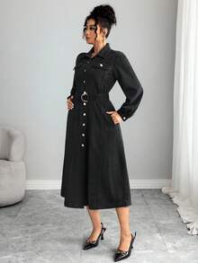 Elenzga 女式复古黑色纽扣领长袖灯笼袖长款牛仔连衣裙 - 黑色 - 查看 6