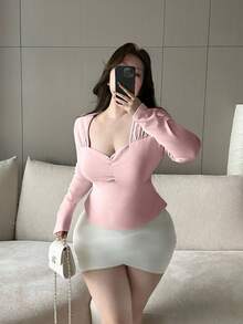 Flirla Plus Size Padded Long Sleeve Ruched Fitted Sexy Minimalist T-Shirt Fall Cloth For Women - Pink - View 4