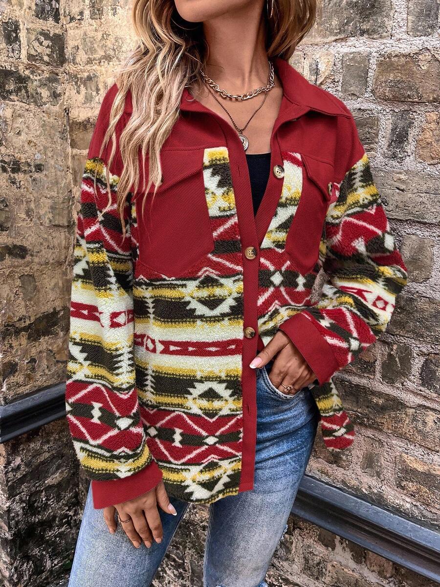 SHEIN LUNE Fashionable Casual Geometric Pattern Multi-Pocket Fleece Jacket Fall Winter Cloth For Women - Multicolor - View 1