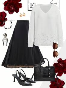 Ellevyn Suéter feminino elegante de cor sólida, decote em V, manga comprida, com detalhes em pérolas, adequado para várias ocasiões no outono/inverno - Branco - Ver 1