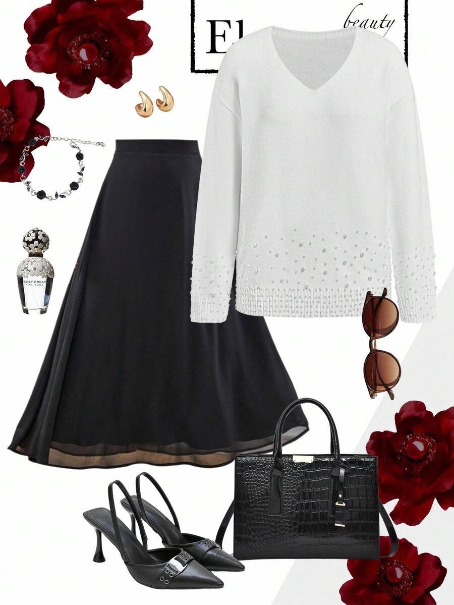 Ellevyn Suéter feminino elegante de cor sólida, decote em V, manga comprida, com detalhes em pérolas, adequado para várias ocasiões no outono/inverno - Branco - Ver 1