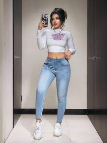 SHEIN PETITE 女式休闲日常水洗斜口袋紧身牛仔裤 - 淺色水洗藍 - 查看 5