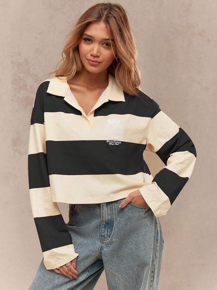 MISSGUIDED Polo rugby de estilo universitario clásico con cuello a rayas, manga larga, corto, informal, para uso diario en otoño e invierno