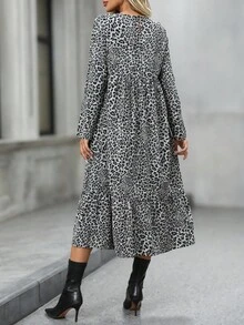 SHEIN LUNE 女式豹纹圆领长袖荷叶边下摆休闲连衣裙 - 彩色 - 查看 2
