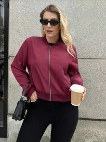 Auralis Chaqueta de motocicleta de estilo sencillo de color rojo vino, de uso diario, cómoda y holgada, de moda casual para mujer de talla grande, para primavera y otoño, abrigos de invierno, estilo de calle - Rojo - Ver 3