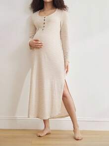 BloomMama Maternity Casual Striped Knit Round Neck Half-Zip Long Sleeve Nightgown Pregnancy Dress Pregnancy Clothing Maternity Dress Maternity Clothes Pregnancy Outfits Cozy And Elegant Details, Fall - Khaki - View 1