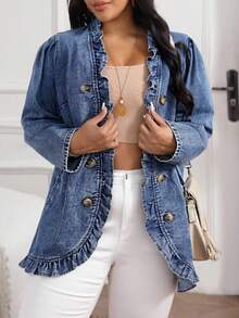 EMERY ROSE 秋季大码休闲牛仔夹克，带荷叶边和纽扣装饰