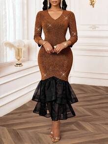 SHEIN Lady Women's Elegant Metallic Contrast Color Mermaid Hem Fitted Dress, Suitable For Party - Gold - View 6