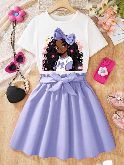 2件套少女可爱长发蝴蝶结装饰圆领短袖上衣和紫红色裙子配腰带套装，春夏款