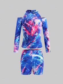 2pcs/Set Girls Colorful Print Off-Shoulder Long Sleeve Top And Tight Colorful Sports Shorts, Girls Clothing Set - Blue - View 2