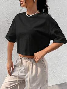 Comfortcana Áo thun ngắn tay màu đen trơn dáng rộng thường ngày - màu đen - Xem 10