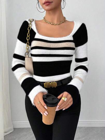 EMERY ROSE Women's Striped Square Neck Long Sleeve Fitted Casual Sweater, Autumn Fall Winter Cloth For Women