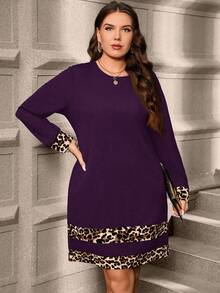 SHEIN Clasi Gaun Kasual Pendek Lengan Panjang Motif Leopard Ukuran Besar untuk Musim Gugur - Purple - View 3