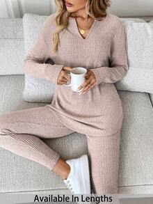SHEIN Tall CURVE 2pcs/Set Plus Size Women Thermal Lined Ribbed Long Sleeve T-Shirt And Leggings, Autumn/Winter Knit Two Piece Set Two Piece Lounge Set Ribbed Two Piece Set Comfy Set Comfortable Two Piece Set - Pink - View 1