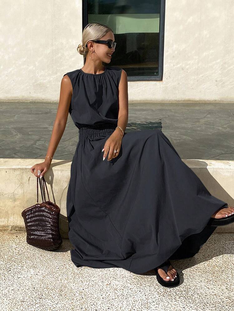 Women's Solid Color Round Neck Pleated Top And Skirt 2-Piece Casual Vacation Everyday Outfit