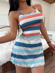 SHEIN ZzzCrew 女士休闲彩色条纹印花吊带睡袍 - 彩色 - 查看 6