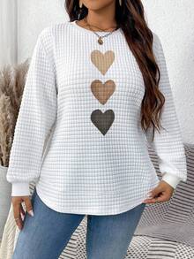 EMERY ROSE Casual Minimalist Brown Hand-Painted Heart Graphic Print Round Neck Plaid Comfortable White Sweatshirt With Curved Hemline Side Slit Design, Suitable For Autumn/Winter,Fall - Multicolor - View 5