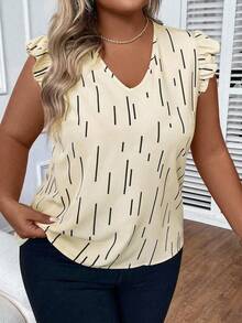 SHEIN LUNE Plus Size Women's Casual All-Over Print V-Neck Ruffle Armhole Loose Blouse, Summer - Apricot - View 3