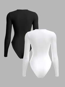 SHEIN BASICS 2 件套休闲简约风格“Old Money”黑白小马标志图案长袖圆领紧身衣，百搭分层单品，适合秋冬季 - 彩色 - 查看 2