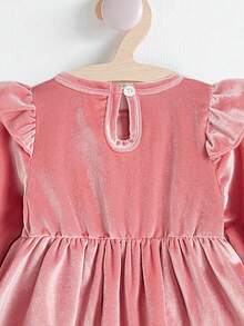 SHEIN 春秋季宝宝女童儿童时尚简约可爱甜美粉色天鹅绒柔软面料花蕾长袖圆领蝴蝶结图案纽扣上衣日常穿搭必备 - 紅木色 - 查看 6