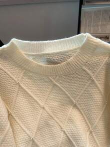 GlowEve CURVE Plus Size Solid Color Embellished Pearl Sweater, Casual For Autumn/Winter - Beige - View 3