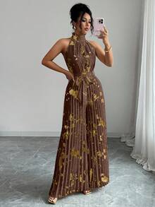 Lyxana Halloween Outfit Sleeveless Ruffle Collar Elegant Romantic Precision Women's Wide Leg Jumpsuit - Multicolor - View 4