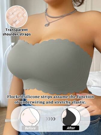 SHEIN 1pc Plus Size Strapless Wireless Bra For Women, Seamless Padded Lace Trim Backless Sexy Bandeau Bra