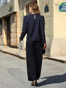 SHEIN Unity 2pcs Solid Color Asymmetric Draped Blouse & Wide Leg Pants Elegant Women Suit Fall Cloth For Women - Navy Blue - View 2