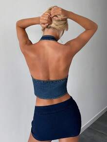 SHEIN BAE Áo denim hở vai cổ chữ V sâu buộc dây Y2K dành cho nữ - Rửa tối - Xem 2