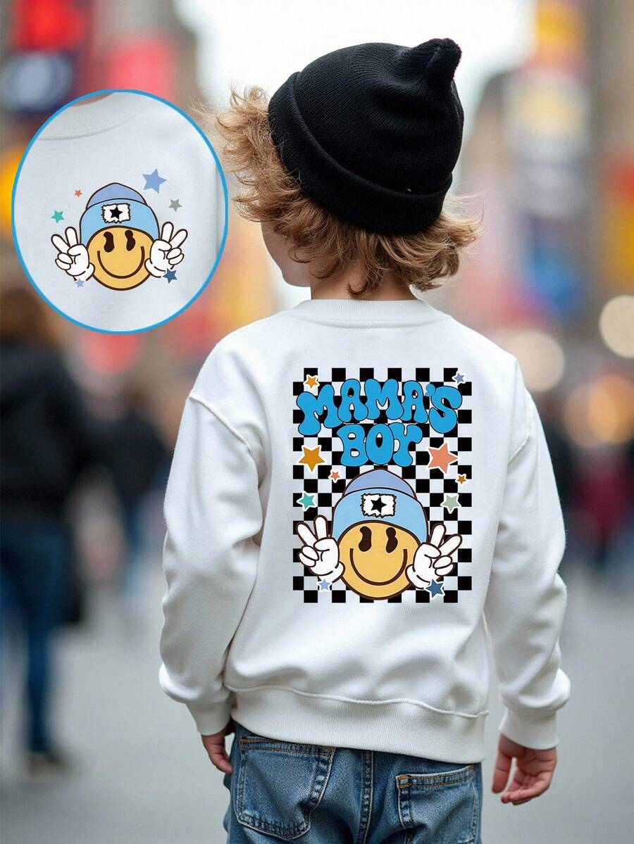 SHEIN 1 件年轻男孩时尚休闲笑脸格子字母印花羊毛圆领运动衫，秋冬 - 白色 - 查看 1