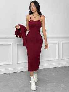 2pcs Set Elegant Beaded Decor V-Neck Long Sleeve Top & Fitted Knit Maxi Skirt, Stylish Outfit For Teens & Young Women, Spring/Autumn Fall Winter - Burgundy - View 5