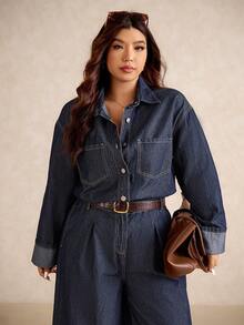 Elaquor Plus Size Dark Blue Denim Jumpsuit, Long-Sleeved Shirt, Straight Pants With Folded Hems, Casual Autumn Wear For Going Out Plus Size Denim Outfits For Women