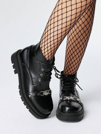 Grunge Punk Stivali da donna in stile gotico con punta tonda, rivetti e fibbia, tacco largo, in pelle PU nera, stile punk, adatti per feste, uso quotidiano e stile casual