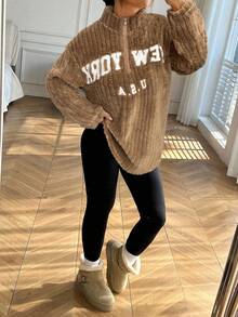 SHEIN EZwear مجموعة من 2 قطعة: هوديي بسحاب مطبوع عليه حرف وبنطال يوجا مناسب، متعدد الاستخدامات مقاس كبير، للخريف/الشتاء