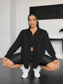 SHEIN EZwear 秋季大码休闲纯色前扣长袖衬衫 - 黑色 - 查看 5