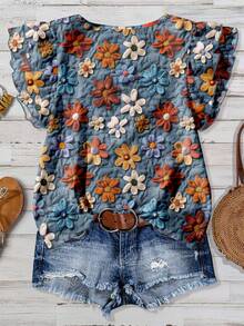 EMERY ROSE 大码女装日常休闲优雅复古度假风热带仿羊毛花卉图案圆领双层小飞袖宽松衬衫，女装夏装，女 - 藍色 - 查看 2