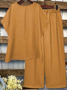 EMERY ROSE Áo thun tay ngắn màu trơn đơn giản và quần ống rộng, thích hợp mặc hàng ngày - trái cam - Xem 2