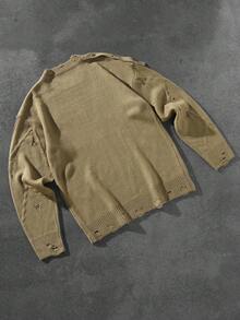 Manfinity Homme Suéter casual de moda para hombre, estilo callejero punk con decoración de hebilla metálica rasgada, para otoño/invierno - Verde militar - Ver 2